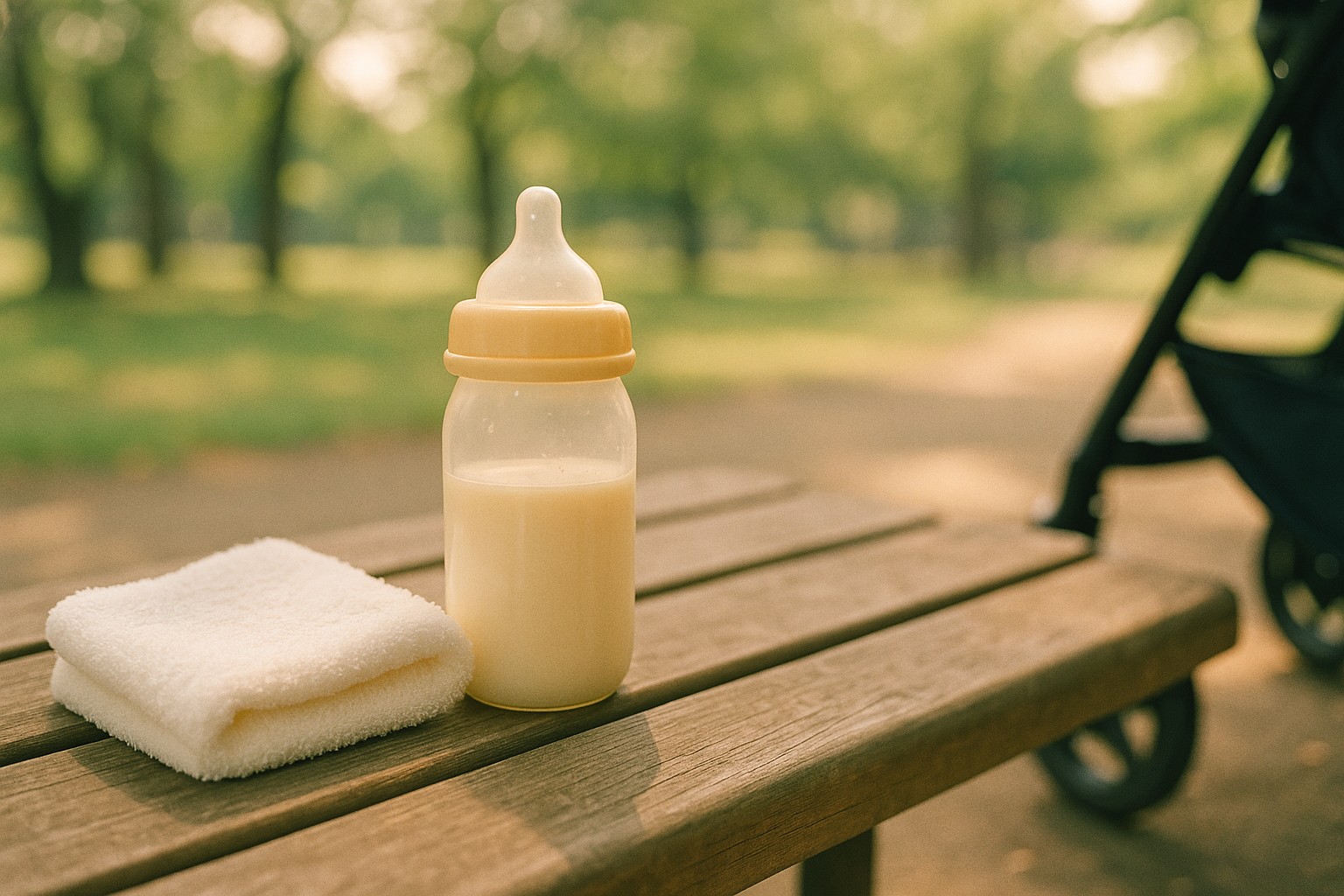 ベンチの上の哺乳瓶