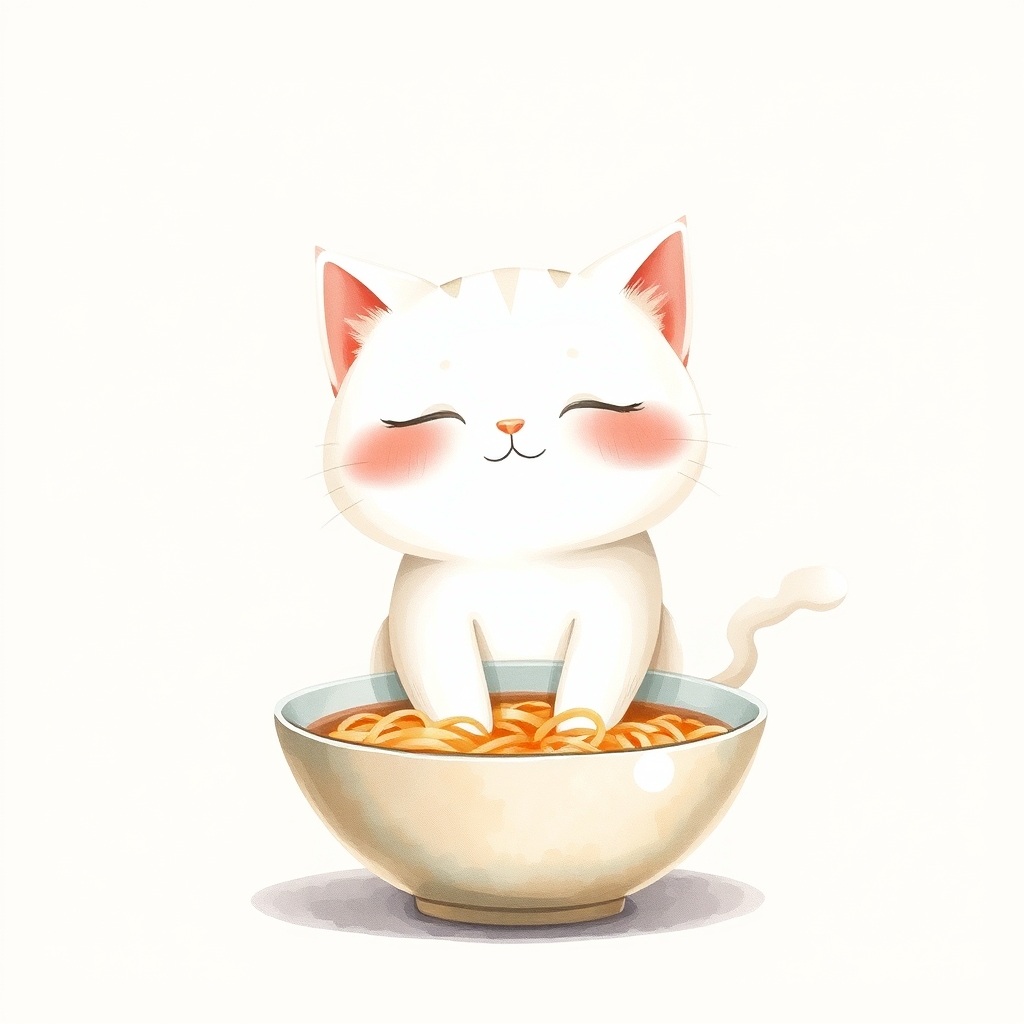 あたたかい ラーメン の 前で、 ちょこんと maomao