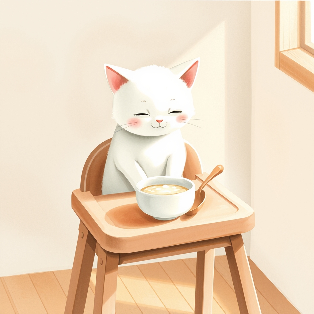 ハイチェアの上、お粥のお椀を見つめる maomao