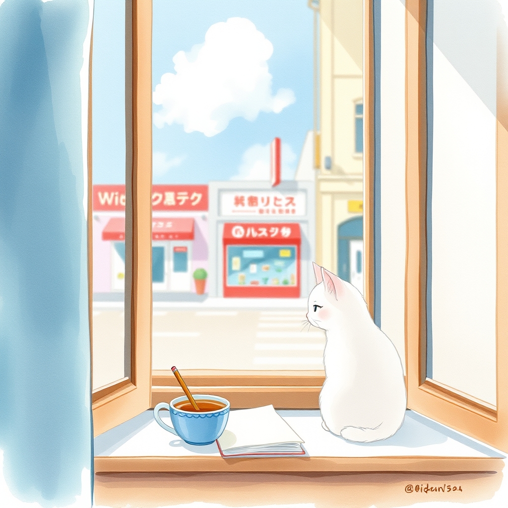 窓辺と小さなメモと、外を見る白い猫